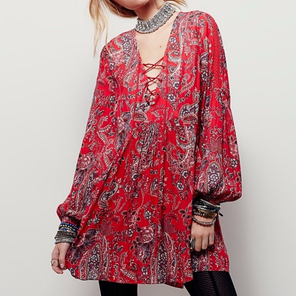 Free People Red Lace Up Long Sleeve Mini Dress